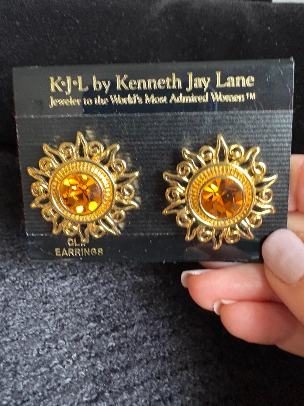 NIB Vintage K.J.L. by Kenneth Jay Lane Etruscan Sunburst Amber Clip-On Earrings